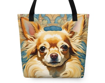 Chihuahua Tote Bag | Long Haired Chihuahua | Fawn | Original Art | 111 Studio | Chihuahua Gift | Chihuahua Lover | Dog Gift | Pet Gift |