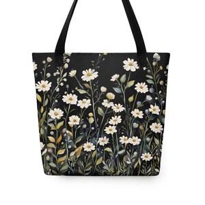 Daisy Art Tote Bag| Flower Carryall | Book Bag | Original Art | 111 Studio | Watercolor Daisies | Daisy Gift | Dark Background | Wildflowers