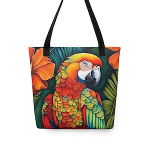 Colorful Parrot Tote | Vibrant Macaw Book Bag | Parrothead Gift | Original Art | Carryall | Tropical Vacation | Jungle | Zoo | Floral Purse