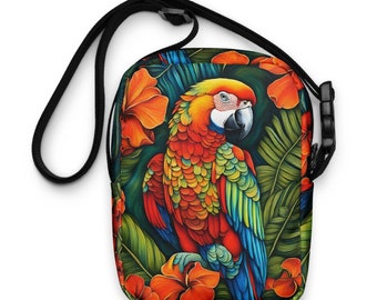 Kleurrijke papegaai portemonnee | Crossbodytas | Papegaaienkop cadeau | Ara | Meerdere zakken | Verstelbare riem | Tropische kunst | Vakantiekleding |