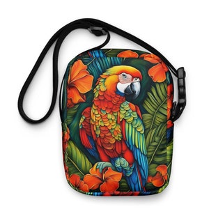 Colorful Parrot Purse | Cross Body Bag | Parrothead Gift | Macaw | Multiple Pockets | Adjustable Strap | Tropical Art | Vacation Wear |