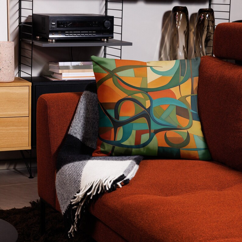 Original abstract art painting in mid century modern tones of olives, rusts, teals and blue, featuring boomerangs and geometric shapes, vibrantly printed on both sides of this linen textured pillow cover. It has a hidden black zipper for easy removal, cover is preshrunk and machine washable. MCM.