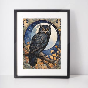 Gicleeprint zwarte gehoornde uil: art nouveau volle oogstmaan, gotisch halloweendecor, wicca. Heks, tovenaar, vertrouwd