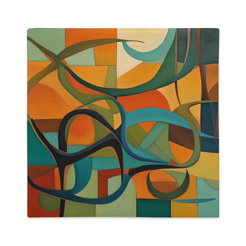 Original abstract art painting in mid century modern tones of olives, rusts, teals and blue, featuring boomerangs and geometric shapes, vibrantly printed on both sides of this linen textured pillow cover. It has a hidden black zipper for easy removal, cover is preshrunk and machine washable. MCM.