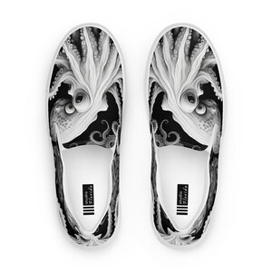 Black, white and grays combine to create these swirling, tentacled arms of this sea monster. Kraken? Octopus? Squid?  The pattern covers the front, side and back panels. The monster peeks over the heels to leave a lasting impression as you walk away.