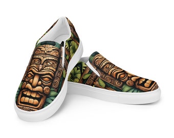 Chaussures à enfiler en toile Tiki Totem pour femmes | Aquarelle originale | style fourgonnette | Baskets | Hawaïenne | Tropicale | Mocassins décontractés | Appartements