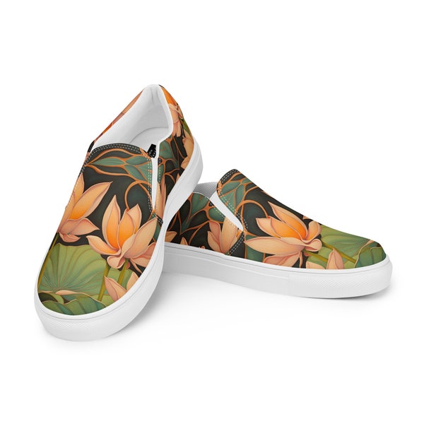 Women's Painted Lotus Slip-on Shoes | Floral Flats | Cottagecore | Garden Gift | Ladies Sneakers | Original Art | Water Lily |  Loafers