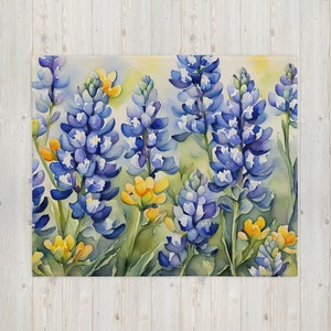 Bluebonnets Throw Blanket | Watercolor Bluebonnets | Original Art | Cottage | Spring Flower Decor | Gift for Her | Texas Flowers