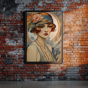 Beautiful red haired flapper woman rendered in the art nouveau style, fashion portrait, cloche hat with feather and flower, bobbed hair, serene expression. Roaring 1920s. Gatsby girl. Gallery wrapped deep canvas print. Multiple sizes. Deco gift.