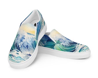 Women’s Sea Wave Canvas Flats | Ocean Art | Beach Gift | Original Art | 111 Studio | Watercolor Seascape| Ocean Sneakers | Unique  Shoes