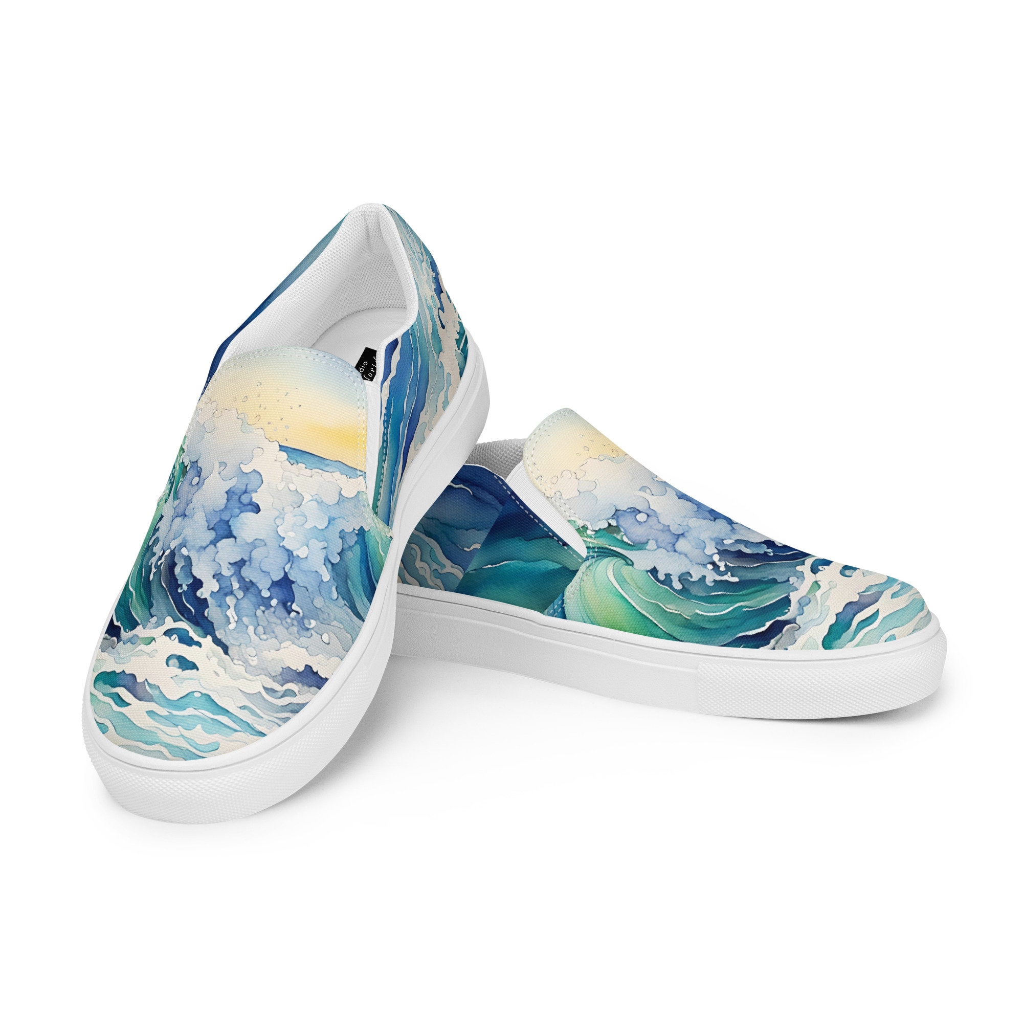 Women's Watercolor Sea Wave Canvas Flats: Ocean Art Slip-On Sneakers,…