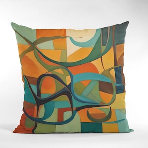 Original abstract art painting in mid century modern tones of olives, rusts, teals and blue, featuring boomerangs and geometric shapes, vibrantly printed on both sides of this linen textured pillow cover. It has a hidden black zipper for easy removal, cover is preshrunk and machine washable. MCM.
