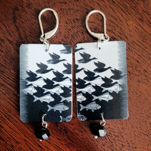 M.C. Escher Earrings, Metal, Reversible, Sky and Water, Handmade, Dangle, Fishes and Scales, Mom's Gift, Recycled, Art Gift, Tessellation