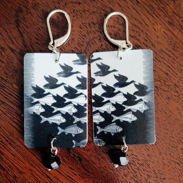 M.C. Escher Earrings, Metal, Reversible, Sky and Water, Handmade, Dangle, Fishes and Scales, Mom's Gift, Recycled, Art Gift, Tessellation