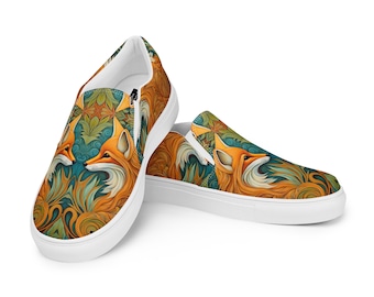 Fox Art レディース スリッポン キャンバスシューズ | コテージコア | フォレストコア | スニーカー | オリジナルアート | 111 Studio | Vans スタイル | レディース フラットシューズ | Whimsy