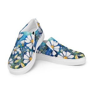 Watercolor Daisies Women’s Slip-on Canvas Shoes | White Floral | Vans Style | Flower Sneakers | Casual Wedding Flats | Daisy Art | Loafers