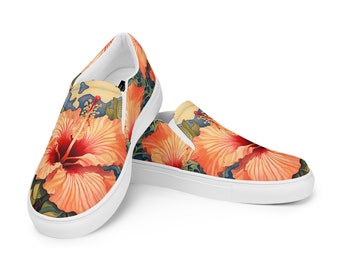 Women's Painted Hibiscus Slip-on Shoes | Floral Flats | Cottagecore | Garden Gift | Ladies Sneakers | Original Art | Hawaiian Flowers |