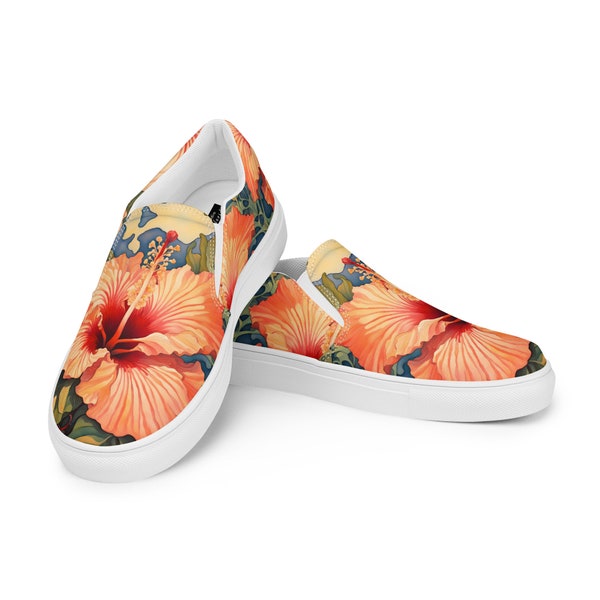 Women's Painted Hibiscus Slip-on Shoes | Floral Flats | Cottagecore | Garden Gift | Ladies Sneakers | Original Art | Hawaiian Flowers |