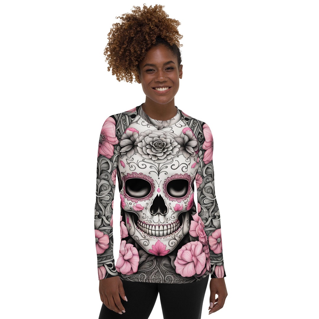 Sugar Skull Women's Rash Guard Calaveras Pink Sweetness of Life Mexican ...