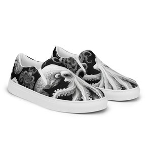 Black, white and grays combine to create these swirling, tentacled arms of this sea monster. Kraken? Octopus? Squid?  The pattern covers the front, side and back panels. The monster peeks over the heels to leave a lasting impression as you walk away.