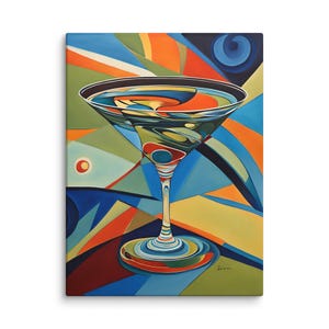 May include: Abstract painting of a martini glass with a colorful background. The glass is filled with a green liquid and has a blue stem. The background is made up of geometric shapes in shades of blue, green, orange, and yellow.