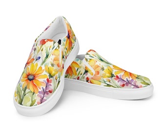 Watercolor Wildflowers Womens Slip-on Shoes | Cottagecore | Original Art | Bright Colors | Boho Hippie Gift | Sneakers | Daisies | Flats |