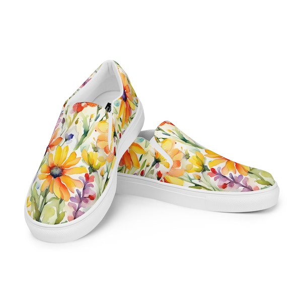 Watercolor Wildflowers Womens Slip-on Shoes | Cottagecore | Original Art | Bright Colors | Boho Hippie Gift | Sneakers | Daisies | Flats |