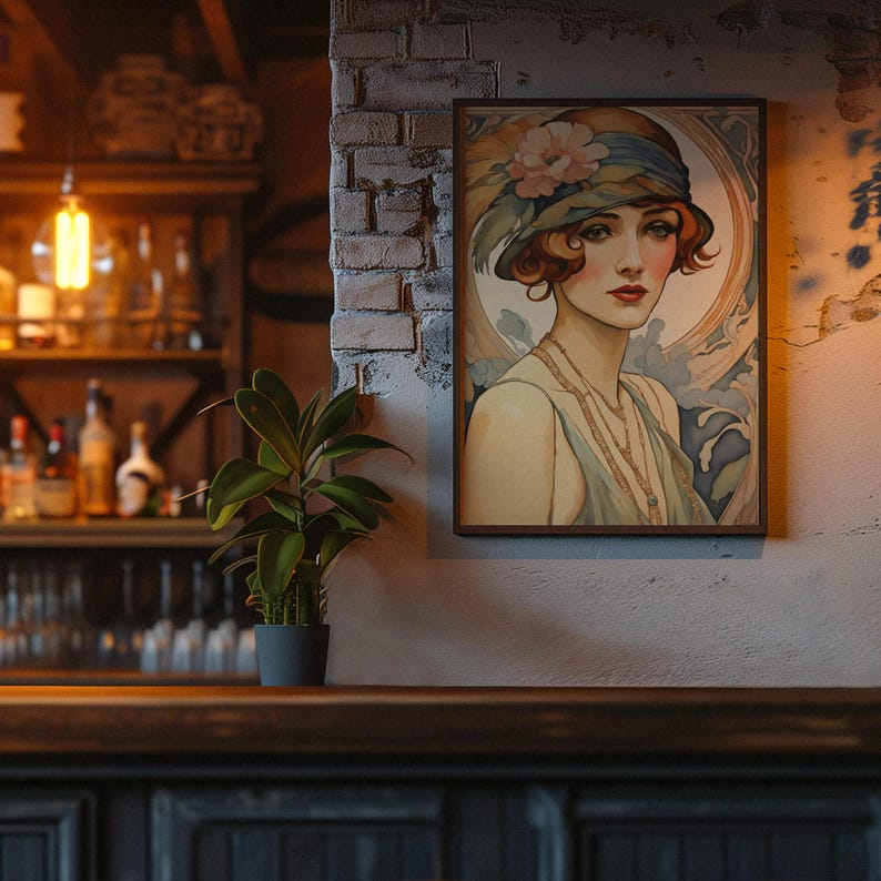 Beautiful red haired flapper woman rendered in the art nouveau style, fashion portrait, cloche hat with feather and flower, bobbed hair, serene expression. Roaring 1920s. Gatsby girl. Gallery wrapped deep canvas print. Multiple sizes. Deco gift.