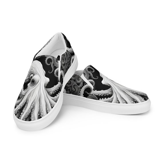 Women's Dark Octopus Canvas Shoes | Kraken | Slip-Ons | Black & White Art | Vans Style | Sneakers | Ladies Casual Flats | Mystical |