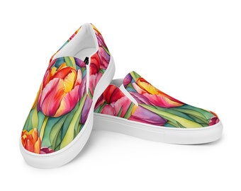 Slip-on-Leinwandschuhe für Damen mit Aquarell-Tulpen | Lebhaftes Blumenmuster | Vans-Stil | Blumen-Sneaker | Lässige Hochzeits-Flats | Botanische Kunst |