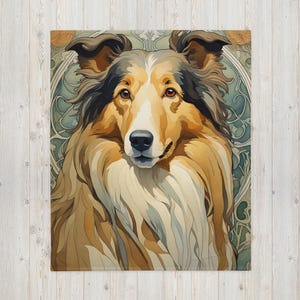 Könnte beinhalten: Ein Nahaufnahme-Porträt eines Collie-Hundes mit einem langen, fließenden Fell in Braun-, Gold- und Weißtönen. Der Hund hat einen sanften Ausdruck und schaut direkt auf den Betrachter. Der Hintergrund ist ein stilisiertes Blumenmuster in Blau- und Grüntönen.
