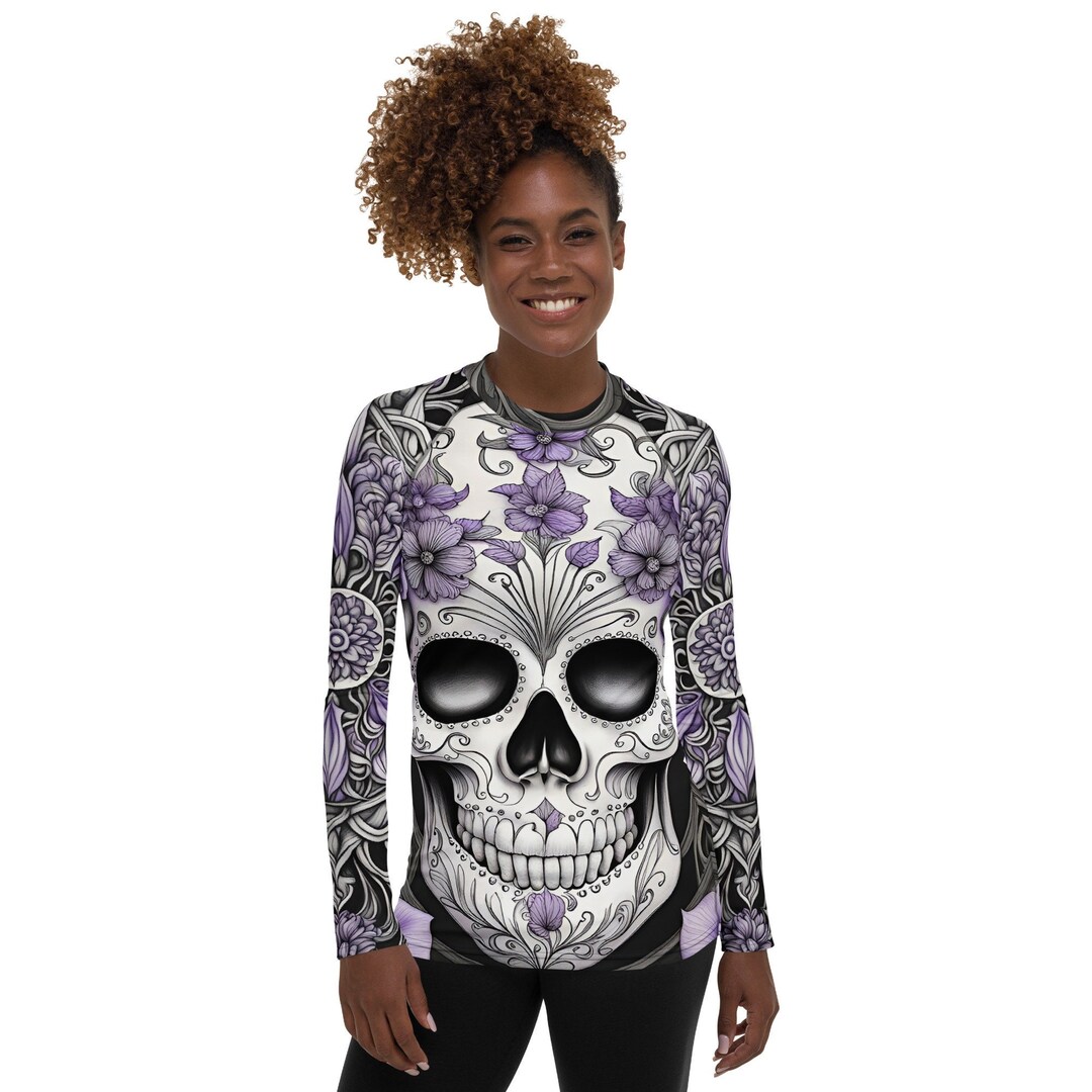 Sugar Skull Women's Rash Guard | Calaveras | Purple Flowers | Sweetness ...
