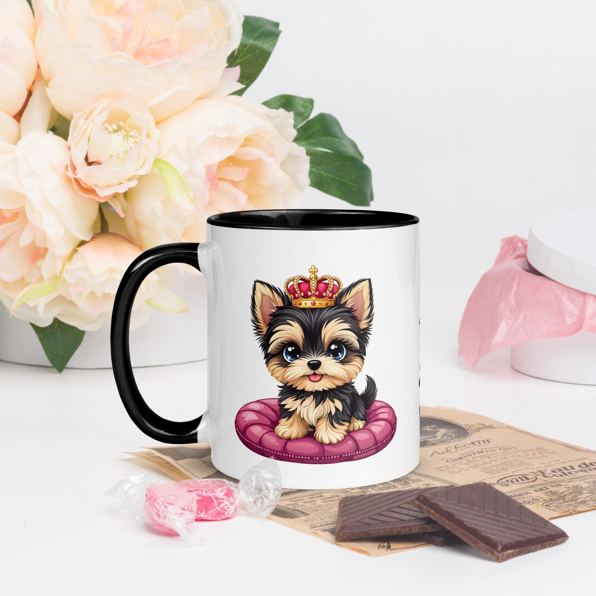 Sweet Yorkie Puppy Mug | Color Inside | Pink | Black | Cute | Kawaii | Personalized | Jossissippi | 11 oz | Coffee | Tea | Cocoa | Dog Gift