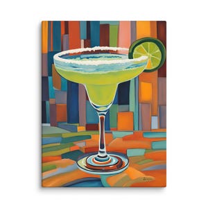 May include: A green margarita cocktail in a glass with a salted rim and a lime wedge garnish. The drink is set against a colorful abstract background.