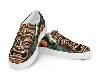 Chaussures à enfiler en toile Tiki Totem pour femmes : aquarelle, baskets style Vans, chaussures plates tropicales, hawaïennes, tropicales