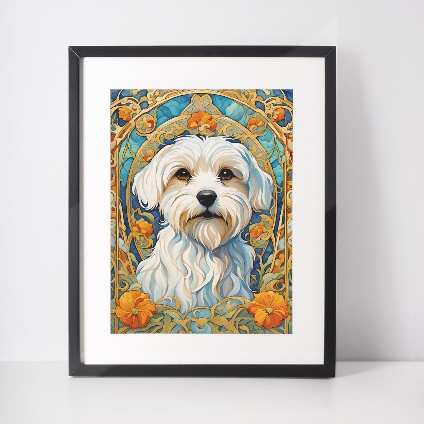 Maltese Dog Giclee Print | Maltie Dog | Original Art | Art Nouveau | Dog Gift | Canine | Fancy | Floral | Garden |  Museum Quality Poster