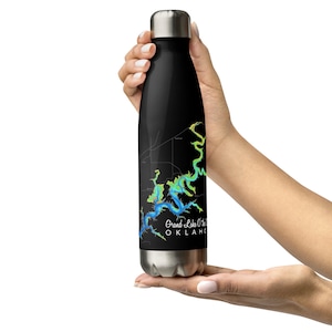 Botella de agua de acero inoxidable Grand Lake Oklahoma / Frasco / O' the Cherokees / Noreste OK / GLOC / Mapa / Regalo