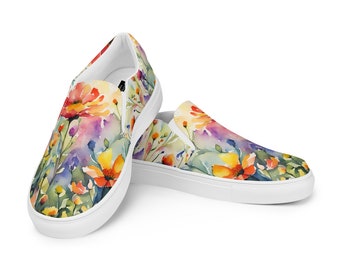 Watercolor Wildflowers Womens Slip-ons | Cottagecore | Original Art | Bright Colors | Boho Hippie Gift | Sneakers | Daisies | Flats | Shoes