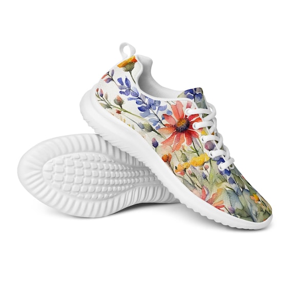 Women's Watercolor Wildflowers Sneakers : Athleisure Casual Shoes, Lightweight, Lace-up, Floral, Flowers
