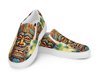 Women's Tiki Totem Shoes | Canvas Flats | Slip-ons | Tiki Gift | Hawaiiian Print | Tropical | Flats | 111 Studio | Tiki Art | Tiki Shoes