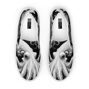 Zapatillas de lona para hombre con diseño de pulpo / Arte en blanco y negro / Estilo Vans / Zapatillas Kraken / Zapatillas de calamar gigante / Estilo gótico / Estilo oscuro / Zapatillas de monstruo marino