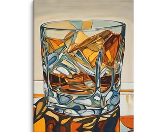 Lienzo impreso "Whisky con hielo" / Bellas Artes / Bourbon / Pintura de bar de licores / Colores MCM / Espacio masculino / Póster / Masculino