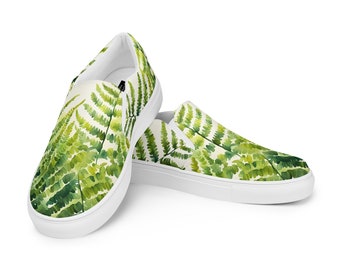 Women's Watercolor Fern Slip-on Shoes | Floral Flats | Cottagecore | Garden Gift | Ladies Sneakers | Original Art | Greenery |  Loafer