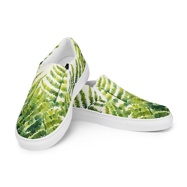Women's Watercolor Fern Slip-on Shoes | Floral Flats | Cottagecore | Garden Gift | Ladies Sneakers | Original Art | Greenery |  Loafer