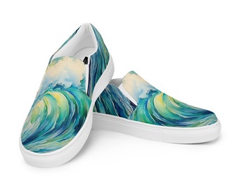 Women’s Sea Wave Canvas Flats | Ocean Art | Surfer Shoes | Original Art | 111 Studio | Watercolor Seascape| Ocean Sneakers | Unique  Shoes