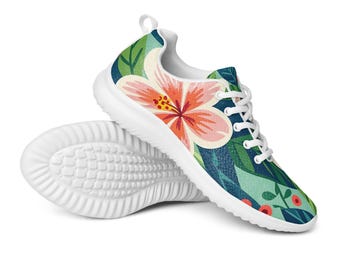 Women's Athleisure Shoes | Tropical Floral | Lace-up Sneakers | Pink | Aqua | Travel | Lightweight | Comfortable | Ladies | Yoga