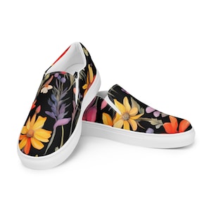 Cottagecore | Womens Slip-on Canvas Shoes | Wildflowers | Dark Background | Ladies Flats | Sneakers | Comfortable | Vans Style | Garden Gift