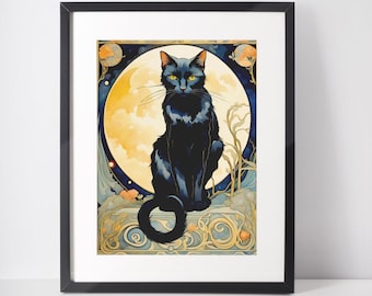 Black Cat Art Nouveau Giclee Print: Full Harvest Moon, Witch Familiar, Halloween Decor, Victorian, Wiccan