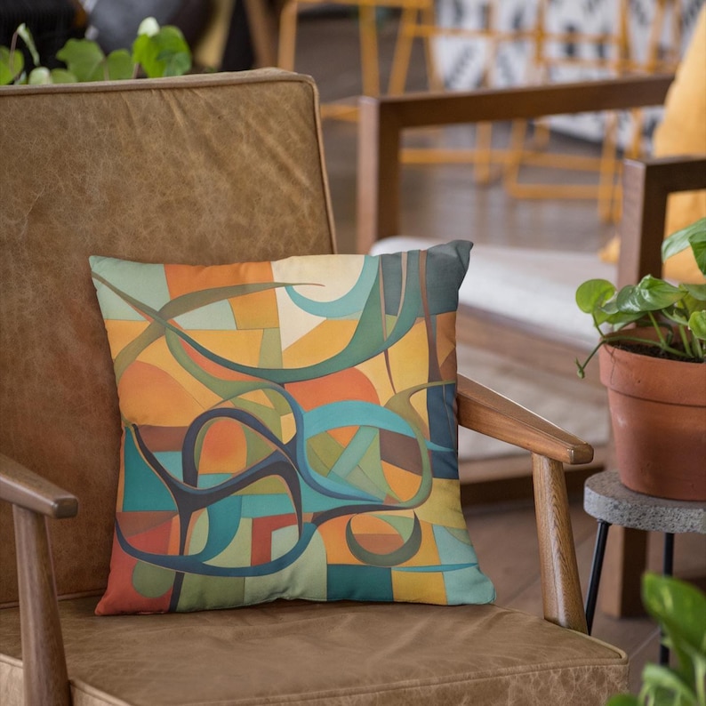 Original abstract art painting in mid century modern tones of olives, rusts, teals and blue, featuring boomerangs and geometric shapes, vibrantly printed on both sides of this linen textured pillow cover. It has a hidden black zipper for easy removal, cover is preshrunk and machine washable. MCM.