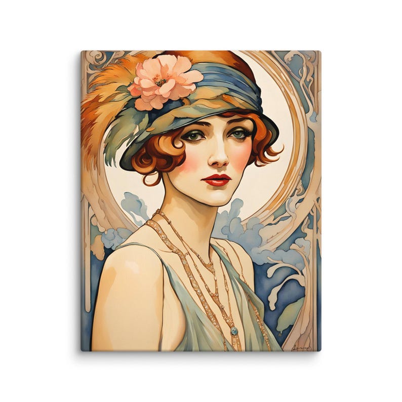 Beautiful red haired flapper woman rendered in the art nouveau style, fashion portrait, cloche hat with feather and flower, bobbed hair, serene expression. Roaring 1920s. Gatsby girl. Gallery wrapped deep canvas print. Multiple sizes. Deco gift.
